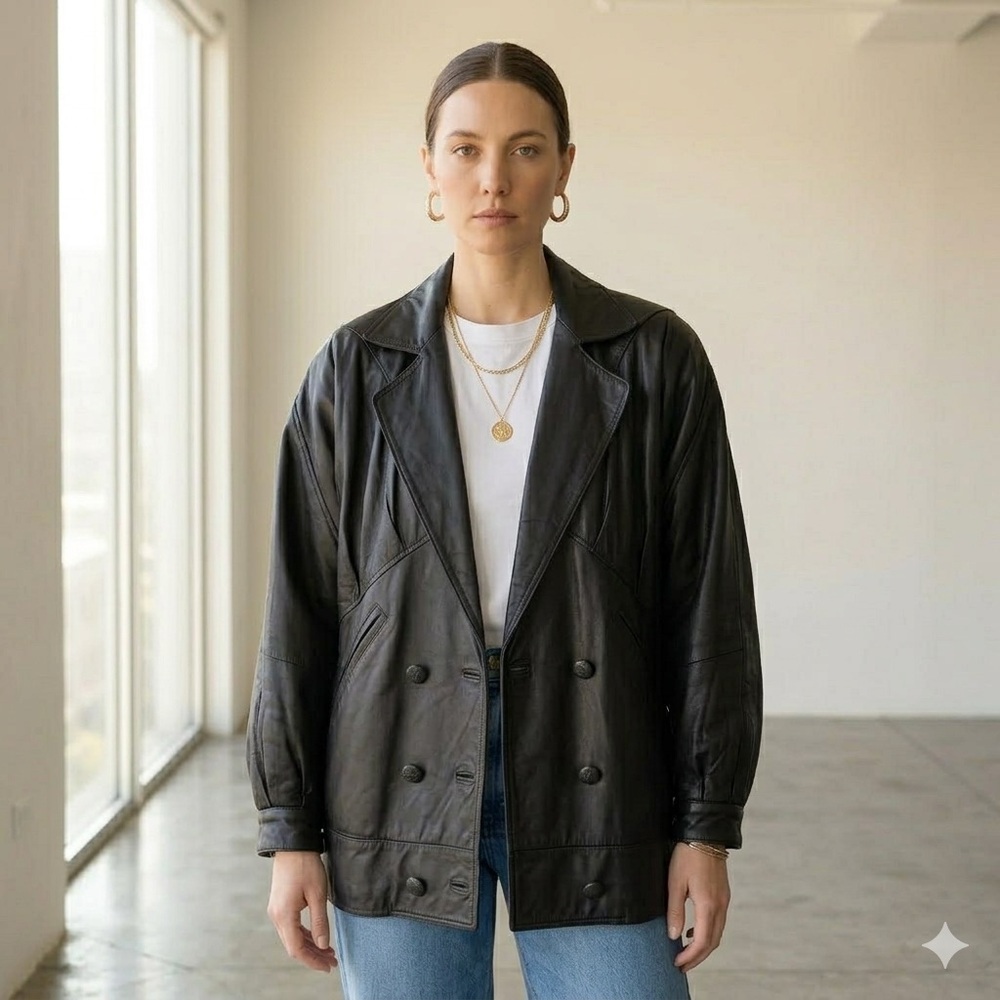 Vintage black leather oversized double breasted jacket - size 2 (Small)